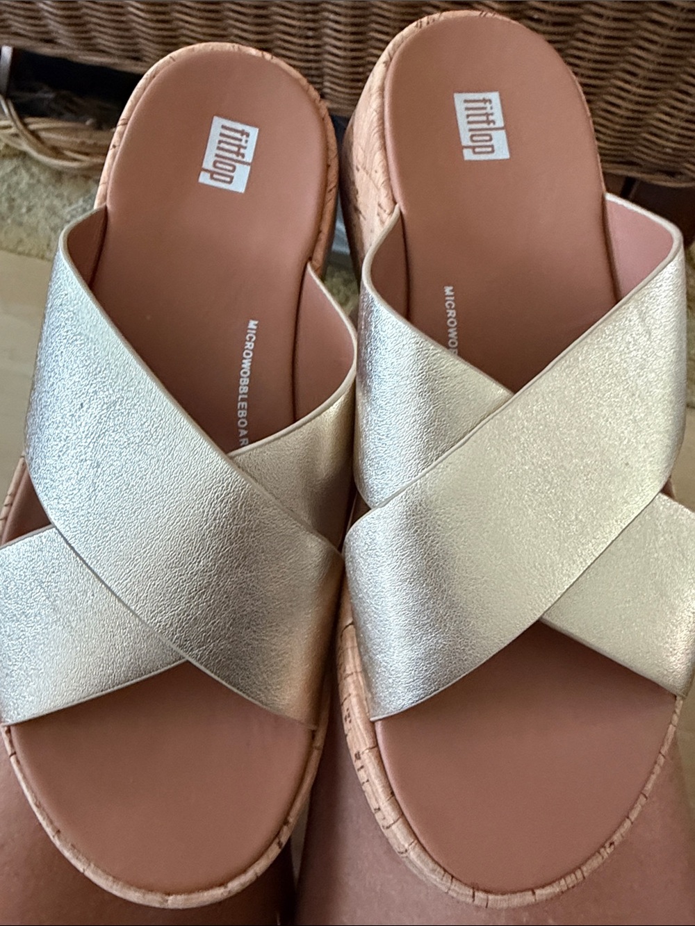 New Fitflop Metallic Gold Crisscross cork Slide Sandals